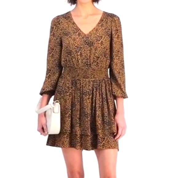 On 34th New Animal Printed Smocked Waist Tiered Mini Dress Brown V-neck Sleeves - Picture 1 of 12
